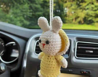 Crochet hanging car accessory Rear view mirror women's accessories Stuffed bunny trucker small gift Friendship Xmas car charm