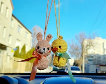 Car hanging charms crochet Easter bunny and chick Cute car accessories for rear view mirror Coworker gifts for women