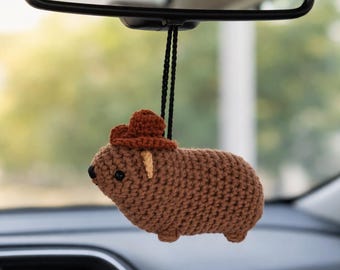 Awawa Hyrax in Cowboy Hat – crochet hanging charm, keychain, car mirror decoration