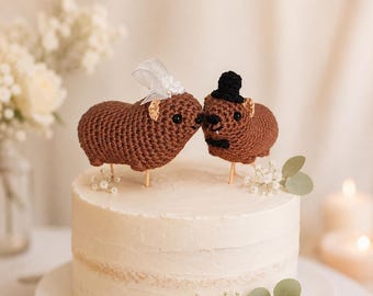 Crochet Awawa Hyrax Wedding Cake Topper – Handmade Animal Couple Decor