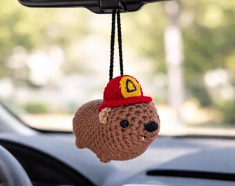 Rock Hyrax / Awawa with Fireman Helmet – Crochet Rear View Mirror Charm, Keychain, or Bag Charm