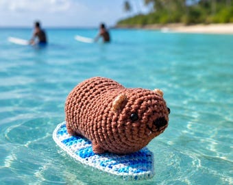 Handmade Crochet Surfing Hyrax (Awawa)-Rear View Mirror Charm, Car Hanging Ornament, Surfboard Keychain, Backpack Charm, Beach Lovers gift