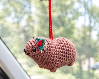 Crochet Awawa Rock Hyrax Christmas Charm | Handmade Holly Car Mirror Ornament | Bag Charm Backpack Pendant | Cute Christmas Gift