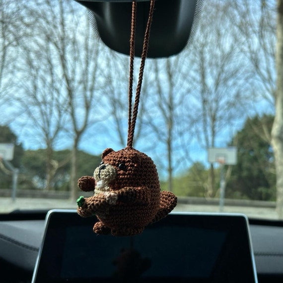 Crochet Beaver Car Charm: Handmade Rear View Mirror Hanging Decor