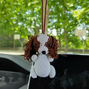 Crochet King Charles Spaniel Car Charm: Handmade Puppy Rear View Mirror Hanging