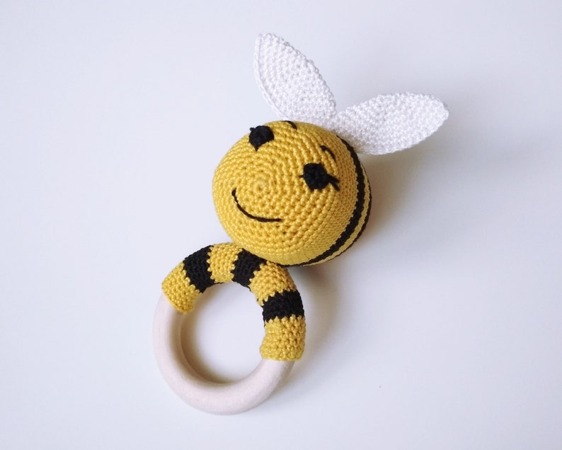 Bumble bee baby shower Crochet rattle teether Sensory toys Etsy