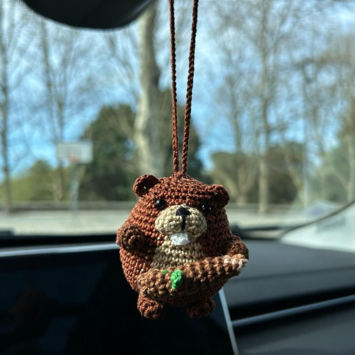 Crochet Beaver Car Charm: Handmade Rear View Mirror Hanging Decor