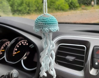 Rear view mirror cute car accessory Jellyfish crochet car decorations Car hanging charm gift to driver Friendship gift