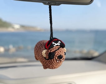 Handmade Crochet Pirate Hyrax (Awawa) – Rear View Mirror Car Charm, Keychain, Backpack Pendant, Cute pirat lovers gift