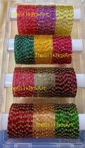 Diamond Cut Glass Bangles with Gold Beads (Set of 12)