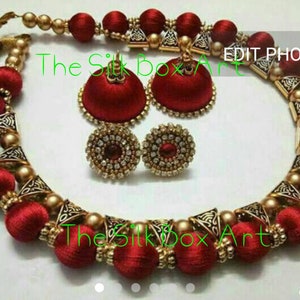 Zijden draad sieraden set met Jhumkas rood/groen/gouden/parrote groen/wit-handgemaakte Indiase sieraden afbeelding 1