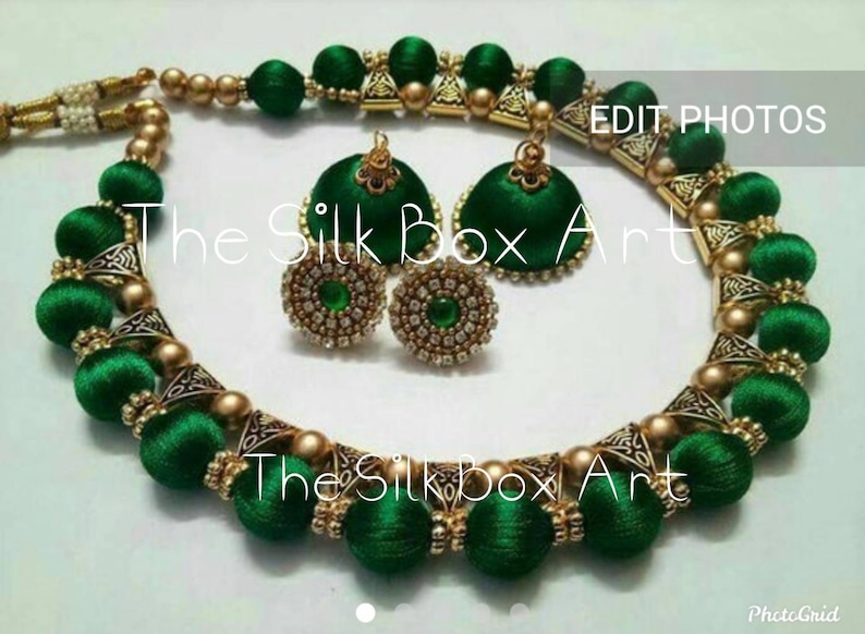 Zijden draad sieraden set met Jhumkas rood/groen/gouden/parrote groen/wit-handgemaakte Indiase sieraden afbeelding 3