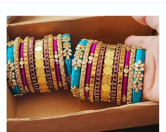 Indian Bridal Bangles - Pink and Sky blue, Gold- Set of 22 silk thread bridal bangles for both hands
