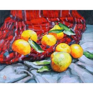 Tangerine Painting Fruit Original Art Citrus Oil Painting Still life Artwork 11&quot;x14&quot;