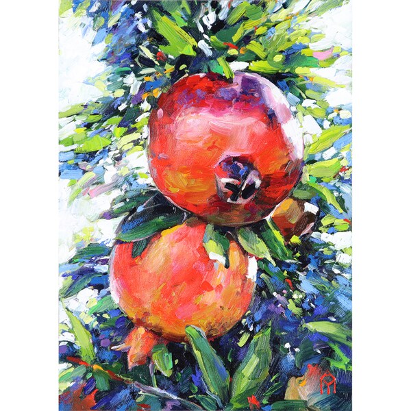 Pomegranate Painting Fruit Tree Original Art Impasto Oil Painting Food Artwork 10"x14"