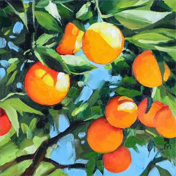 Tangerine Painting Fruit Tree Original Art Impasto Oil Painting Citrus Artwork 8"x8"