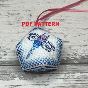 Pattern Cross Stitch Biscornu Scissor Fob Pincushion - Dragonflies
