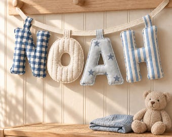 Personalized Baby Boy Name Garland, Fabric Bunting, Gingham Letter Banner, Nursery Wall Decor, Newborn Gift