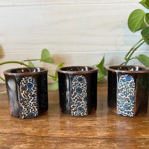 Set of 3 - 60’s TAKAHASHI TEA CUPS/Vintage Japanese Hand-Painted Takahashi San Francisco Brown & Blue Cornflower Hexagon Ceramic 6oz. Mugs