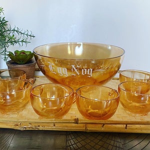 Vintage Jeanette Glass Peach Lustre Egg Nog Punch Bowl and Cups