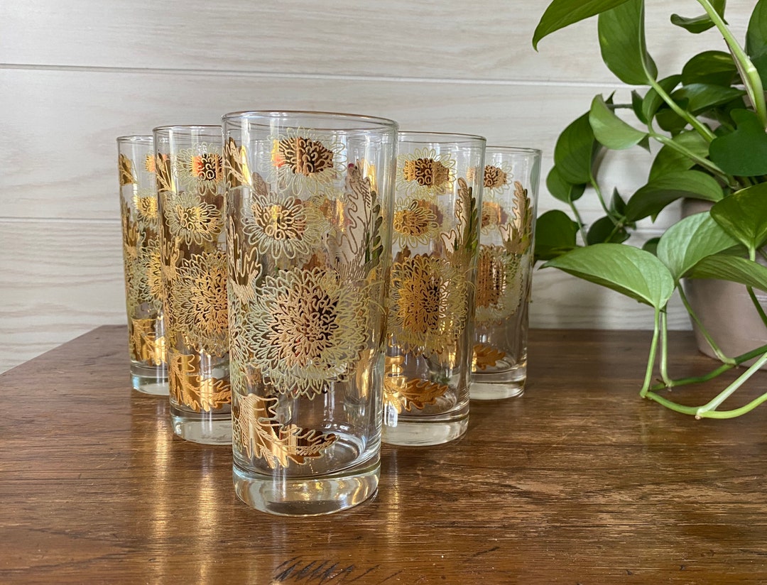 Bartlett Collins Pokeé Gold Chrysanthemum Highball Glasses Tumblers