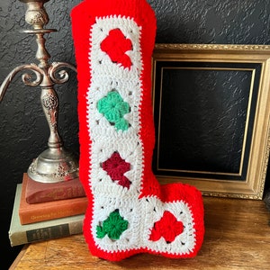 Handmade Crochet Granny Square Vintage Christmas Stocking