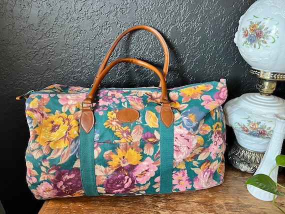 Vintage Teal Floral Gitano Duffel Bag Flower 80s … - image 1