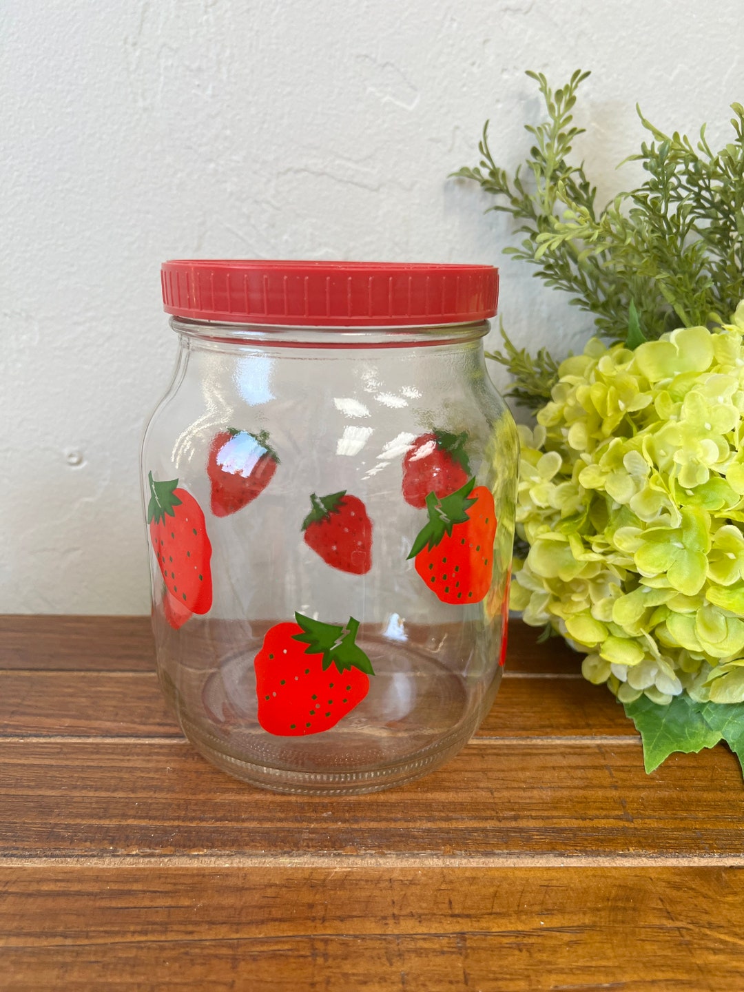 Vintage Glass Strawberry Jar With Plastic Lid Etsy