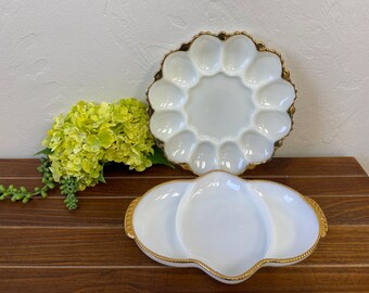Vintage Gold Trim Milk Glass Egg/Oyster/Relish  Dishes