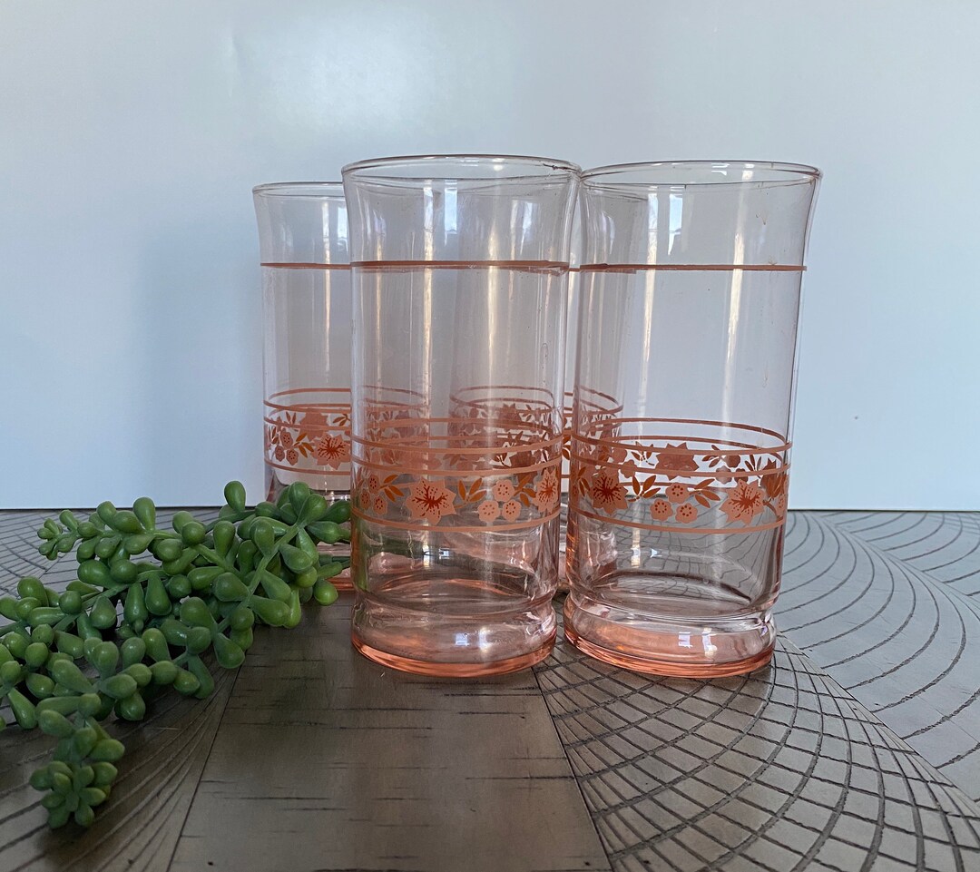 Set of 4 Vintage Libbey Iced Tea Drinking Glasses Pink Glass Floral Etsy