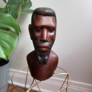 African Man Carved Wood Tribal Art Bust Caribbean Statue Figure Folk Art Sculpture