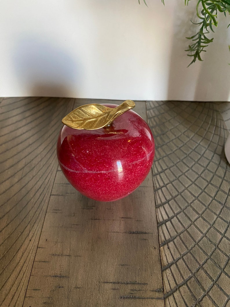 Vintage Marble Apple Paperweight with Brass Leaf