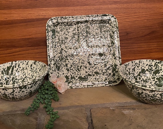 Crow Canyon Enamelware Moss Serving Bowls and Divided / Quartered Tray
