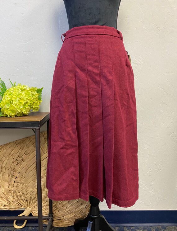 Vintage Pleated Maroon Crimson Red Wool Skirt with