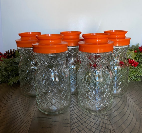 Vintage Anchor Hocking Glass Carafe Jars With Orange Lids 