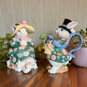 1991 Fitz and Floyd Bloomers Bunny Pitcher or Mother Bunny Cookie Jar Cottagecore Easter