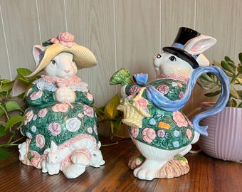 1991 Fitz and Floyd Bloomers Bunny Pitcher or Mother Bunny Cookie Jar Cottagecore Easter