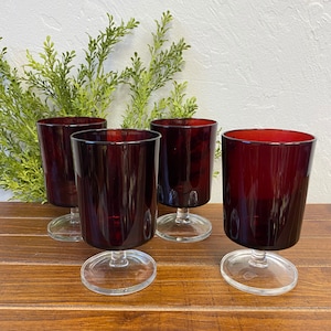 Vintage Luminarc Ruby Red Wine Glasses with Clear Stems - Set of 4 - Made in France