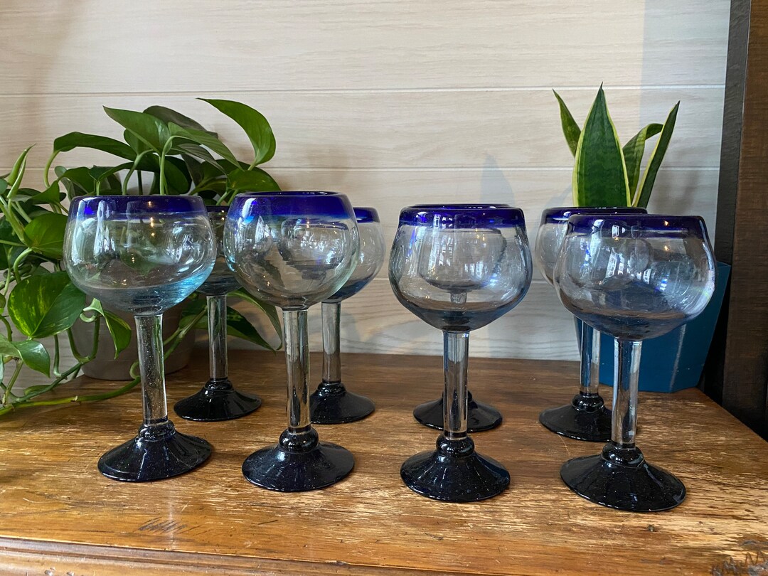 Set of 8 Blue Rim Mexican Wine Glasses Etsy