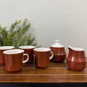 Vintage Mikasa Sun Blaze Brown Cera Stone Sugar, Creamer, and 4 Coffee Cup Set