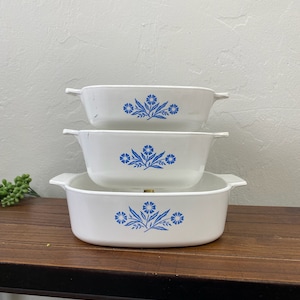 Set of 3 Vintage Blue Corn Flower Corning Ware Casserole Dishes | 1 Qt P-1-B | 1 1/2 Qt P-1 1/2-B | 2 Qt A-2-B