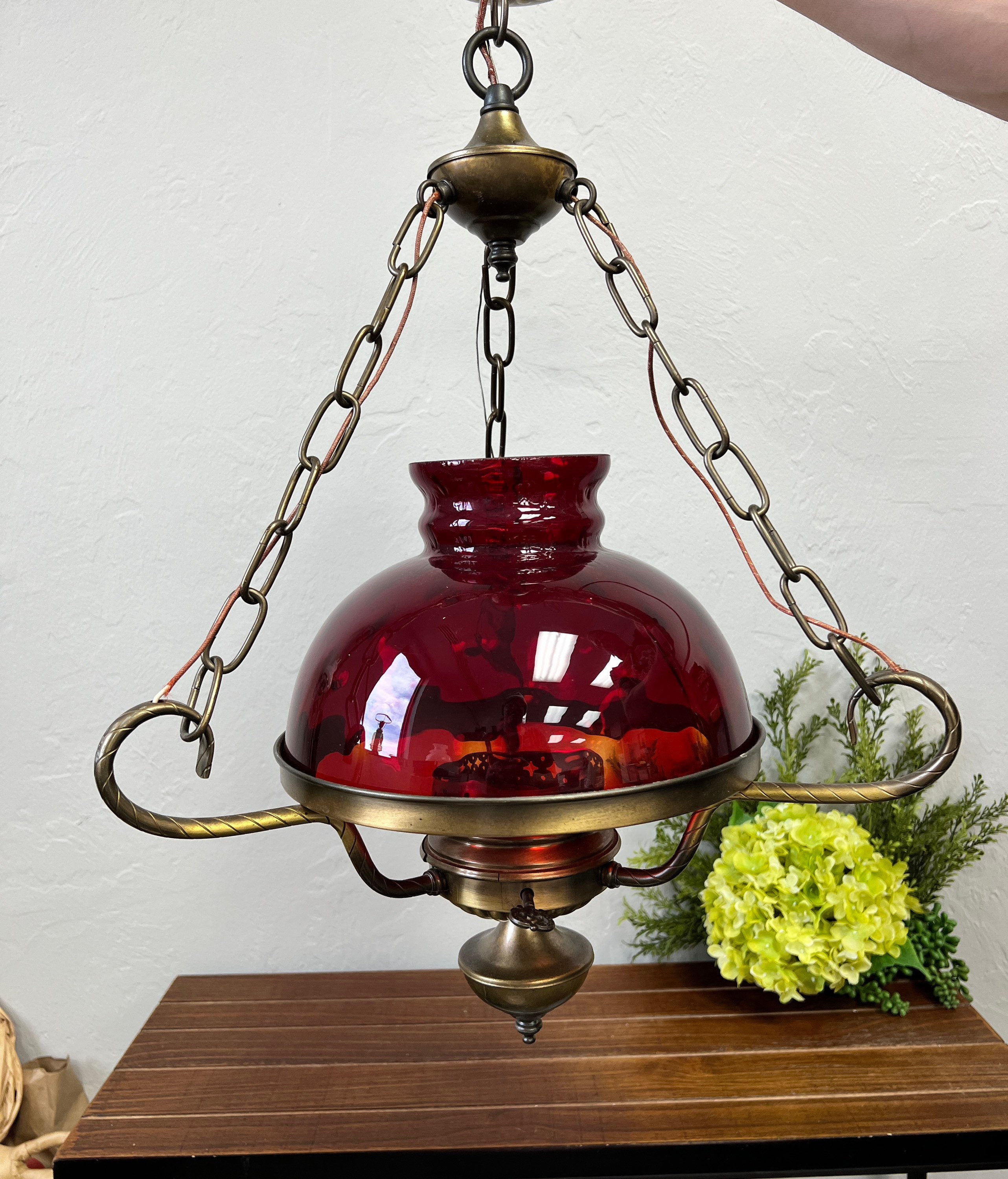 工芸品 Amberina Red amber Lamp Shade Vintage Red Orange Amberina Glass Ruffled Lamp Light Glass