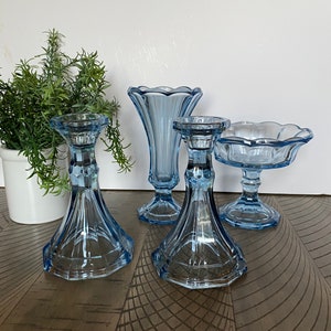 Fostoria Pale Blue Glass Candlesticks Vase and Candy Dish