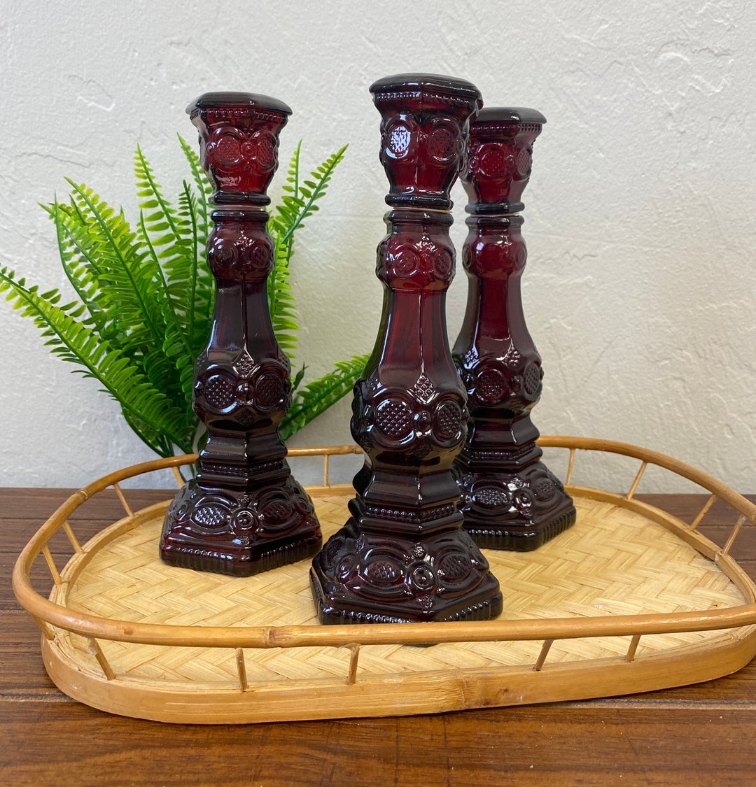 Set of 3 Avon Ruby Red Glass Candlesticks 1876 Cape Cod Etsy