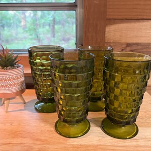 Mid Century Modern Green Faceted Indiana Glass Drinking Glasses
