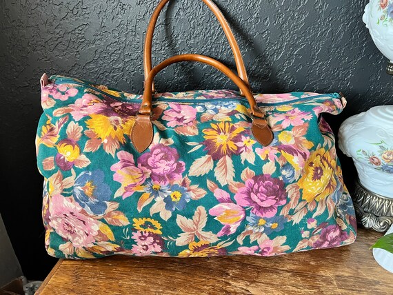 Vintage Teal Floral Gitano Duffel Bag Flower 80s … - image 5