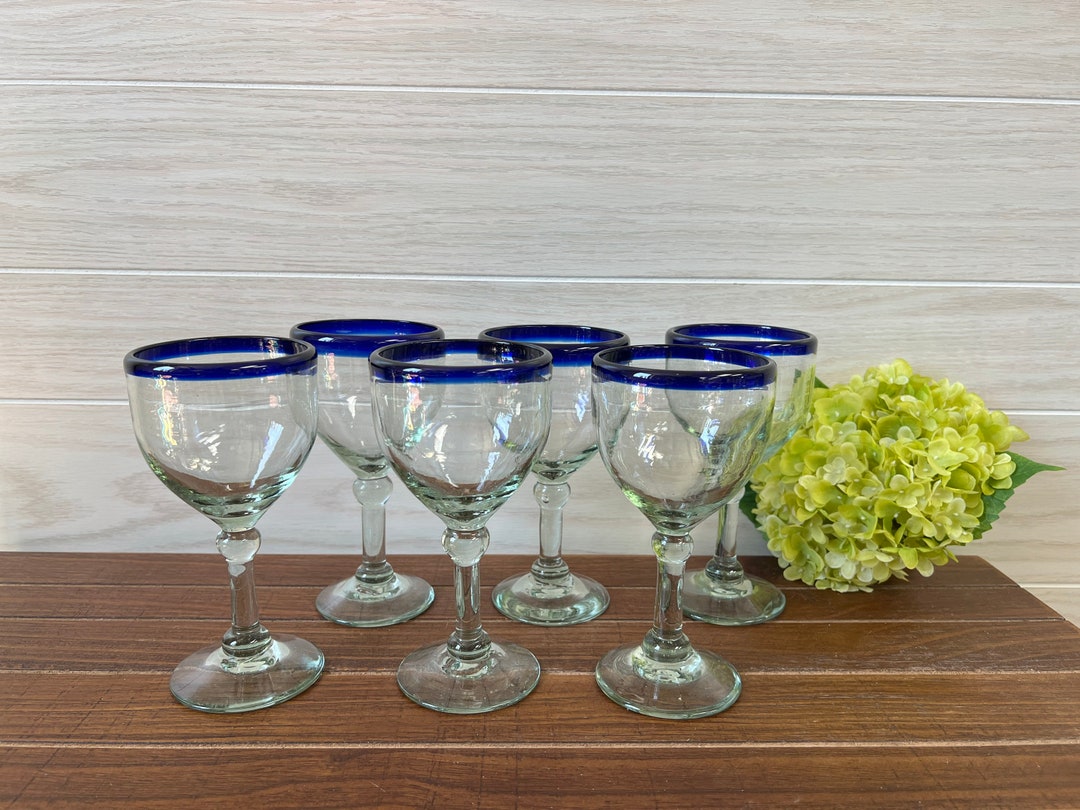 Set of 6 Blue Rim Mexican Wine Glasses Etsy