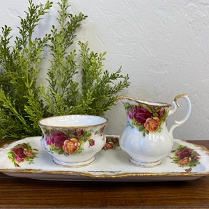 Royal Albert Old Country Roses Large Sandwich Tray, Open Sugar Bowl, and Creamer