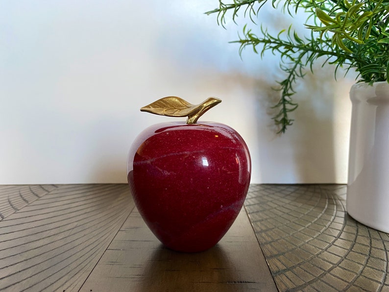 Vintage Marble Apple Paperweight with Brass Leaf