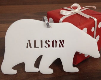 Personalised Bear Ornament Name Decoration Custom Engraved Personalized White Acrylic Christmas Holiday Gift For Mom Mum Dad Family Kids UK